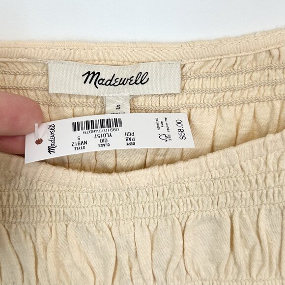 NWT Madewell Light Yellow Smocked Cotton Linen Blend Boatneck Tank - Size: Small - Picture 3 of 8
